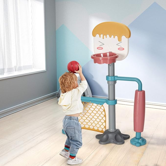 Costzon 3-in-1 Toddler Basketball Hoop & Soccer Goal Stand, Basketball Stand with Adjustable Height, Indoor & Outdoor Activity Center Basketball & Soccer for Kids