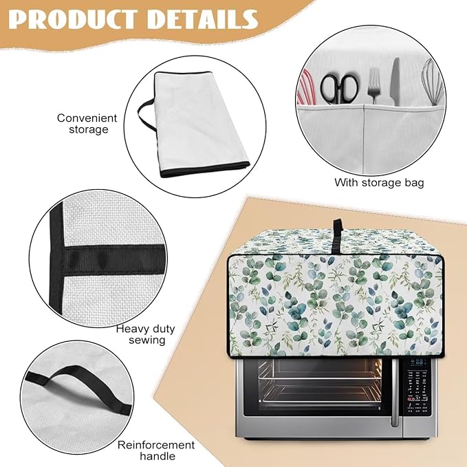 Countertop Convection Oven Cover Decorative and Protective Air Fryer Toaster Oven Dust Cover for Home Kitchen Indoor Decor, L, Eucalyptus Leaf Green White