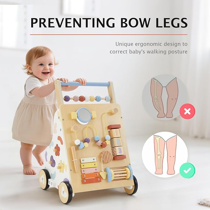 Frogprin Wooden Baby Walker, Baby Push Walker, Montessori Walker Toy for Babies 12M+ Learning to Walk & Sit-to-Stand, Adjustable Speed Walkers for Boys, Baby Activity Center with Sensory Toy for Girls