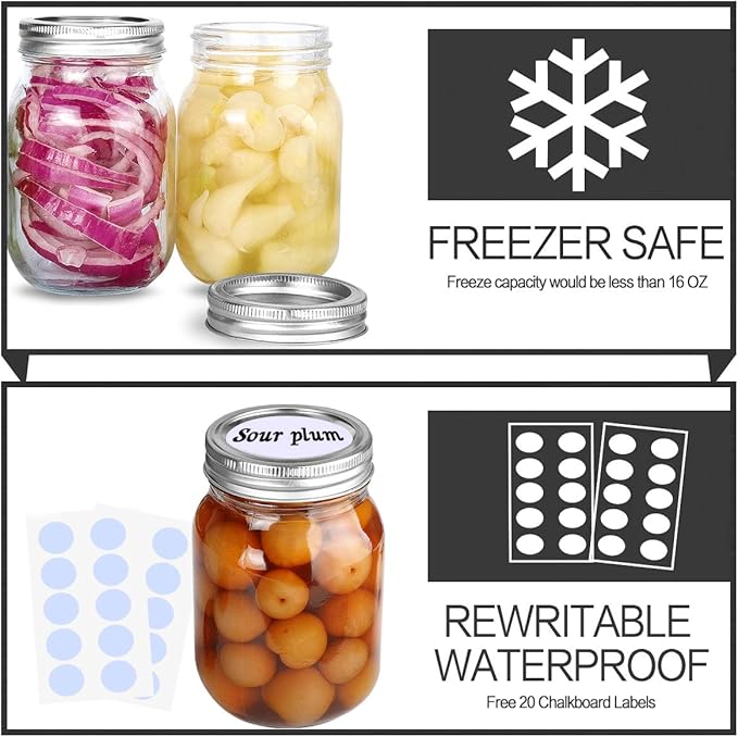 KAMOTA Mason Jars 16 oz With Regular Lids and Bands, Ideal for Jam, Honey, Wedding Favors, Shower Favors,DIY Spice Jars, 18 PACK, 20 Whiteboard Labels Included