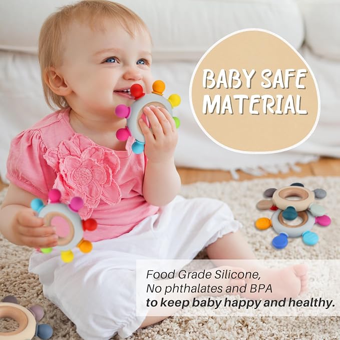 Baby Teething Toys, Silicone Chewable Teethers with Wooden Ring for Soothing Babies Gums, Rudder Chewers Shower Gift for lnfants & Toddlers, 3+ Months (8 Directions, Rainbow)