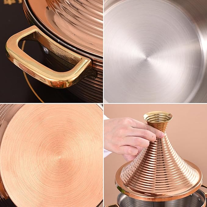 Moroccan Tagine Cooking Pot,Stainless Steel Non Stick Moroccan Casserole with 2 Handles,Large Moroccan Cooker Handmade Tagine Pot with Cone-Shaped Lid(23cm, Silver)