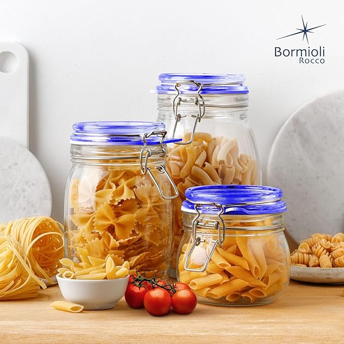 Bormioli Rocco Fido Square Jar with Blue Lid, 67.5-Ounce