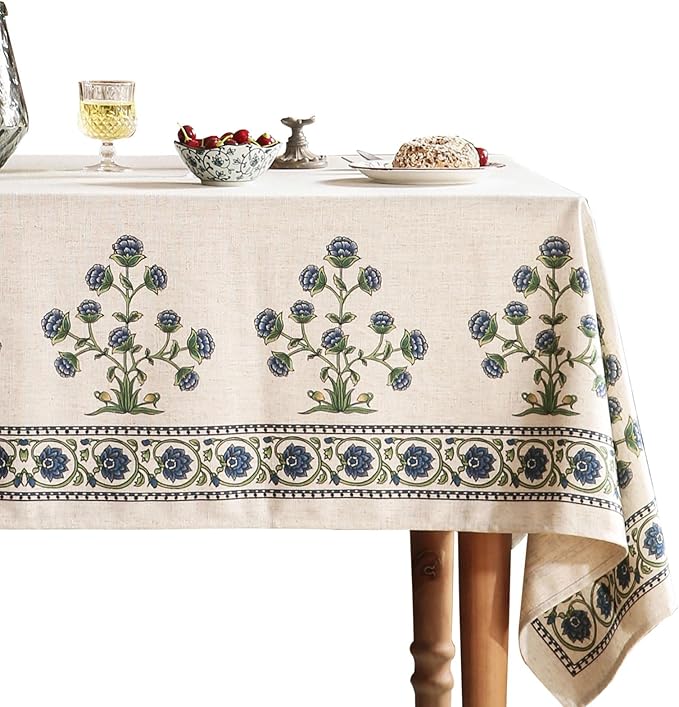 patdrea Designer Vintage Blue Rectangle Extra Long Tablecloth,Leaves Pattern Breathable Floral Table Cloth,French Table Cover for Kitchen Dining Christmas,Thanksgiving,Party,67"x118"-Ivar B