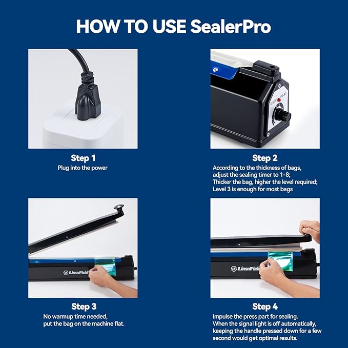 Sealer Pro - 8 inch Impulse Heat Sealer - 2mm Sealing Width - Manual Heat Sealer Machine for All Bags - Most Heavy Duty for Strong, Secure Sealing for Long Term Food Storage, Deep Blue