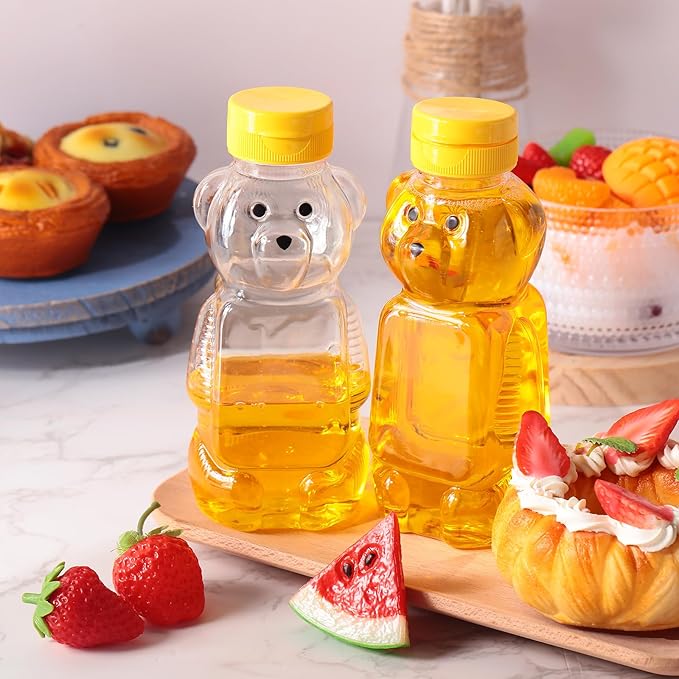 Thenshop 60 Pcs Plastic Bear Honey Bottle Jars Bulk 12 oz Honey Squeeze Bottle Empty with Flip Top Lid Containers Honey Bear Bear Juice Bottle Drinking Cup Yellow Flap Caps for Storing Dispensing