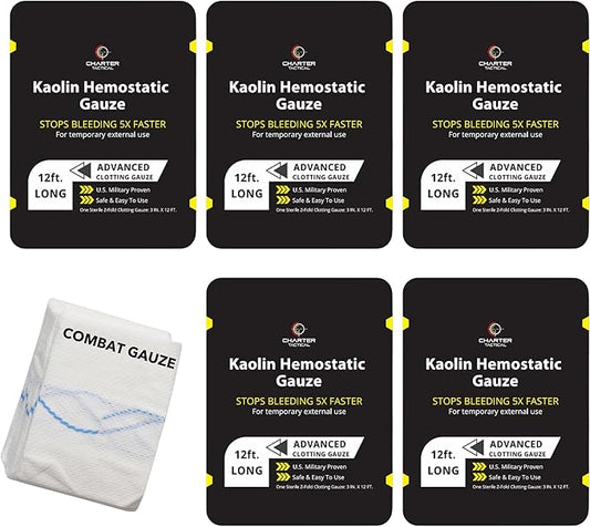 First Aid Advanced Quick Clotting Combat Gauze - Flexible Hemostatic Gauze - to Stop The Bleed kit Faster with Quick Clotting - Survival Kit Supplies - 3" x 12.5' - Pack of 5