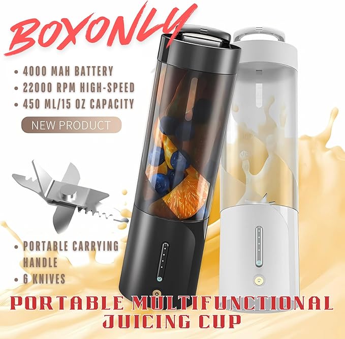 Portable Juicer Blender, USB Rechargeable Smoothie Maker with 6 Upgraded Blades and 4000mAh Battery, 450ml/15oz Capacity, Ideal for Smoothies, Protein Shakes, Travel and Office (Black)