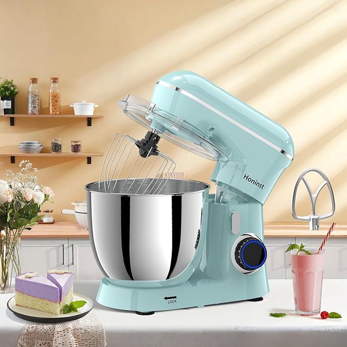 Honinst Stand Mixer, 6.5QT 10-Speed Tilt-Head Electric Stand Mixer, 3-In-1 Kitchen Mixer with Bowl, Dough Hook, Whisk and Beater, Food Mixer for Baking, Cake and Most Home Cooks, Blue