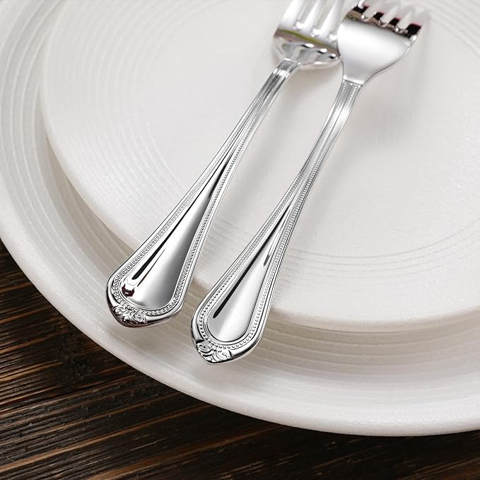KEAWELL Pearl Edge 4-Piece Premium Fork Set, 18/10 Stainless Steel, Fine Silverware with Mirror Finish, Dishwasher Safe (4, 8" Dinner Forks)
