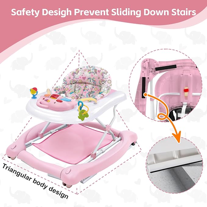 Foldable Baby 5-in-1 Activity Walker - Rocker, Activity Center, Bouncer, Seat Walker, Push Walker - Adjustable Speed Rear Wheels and Height Toys Ages 6-18 Months(Pink)