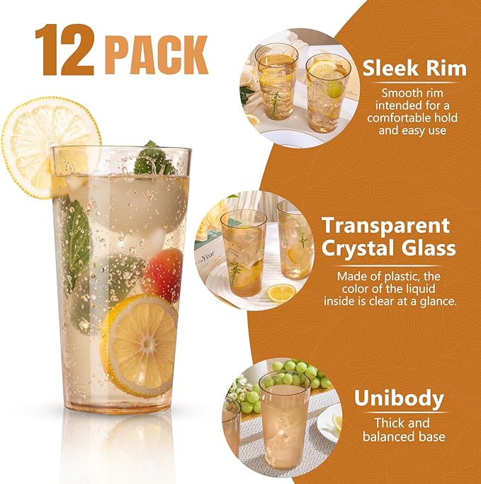 Liacere Plastic Drinking Glasses (Set of 12) 18oz Highball Brown Reusable Plastic Glasses Colors，Kitchen Water Glasses Cup, Bar Tumbler Glassware Set for Beer, Juice, Cocktail, Whiskey, Milk