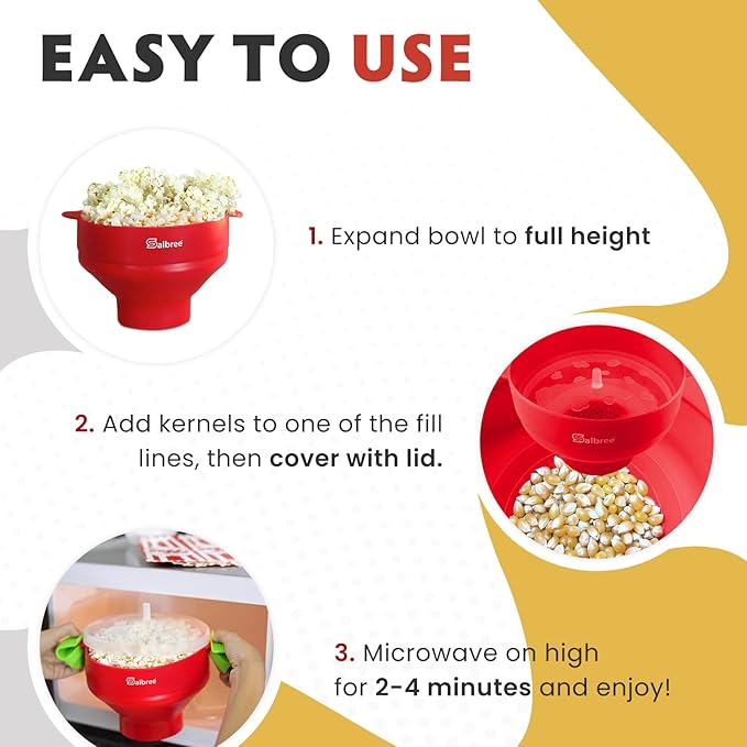 The Original Salbree Collapsible Silicone Microwave Popcorn Popper Maker Machine, Microwavable Bowl Holds 16 Cups, Uses Hot Air and Oil Always Optional - The Most Colors Available (Red)