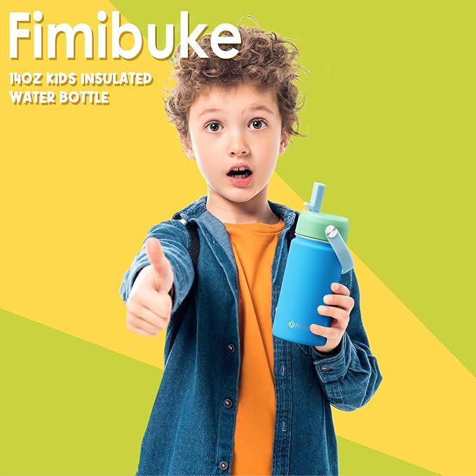 Fimibuke Kids Insulated Water Bottle, 14oz BPA FREE Double Wall Vacuum Tumbler 18/8 Stainless Steel Leak Proof Kids Cups with Straw Metal Water Bottle for School Boys Girls (2 Pack, Ocean Life)