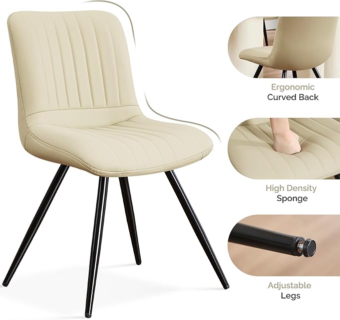Dining Chairs Set of 2, Modern Dining Chairs with Thick Cushions, PU Leather Upholstered Kitchen Dining Room Chairs with Metal Legs for Dining Living Room (Khaki)