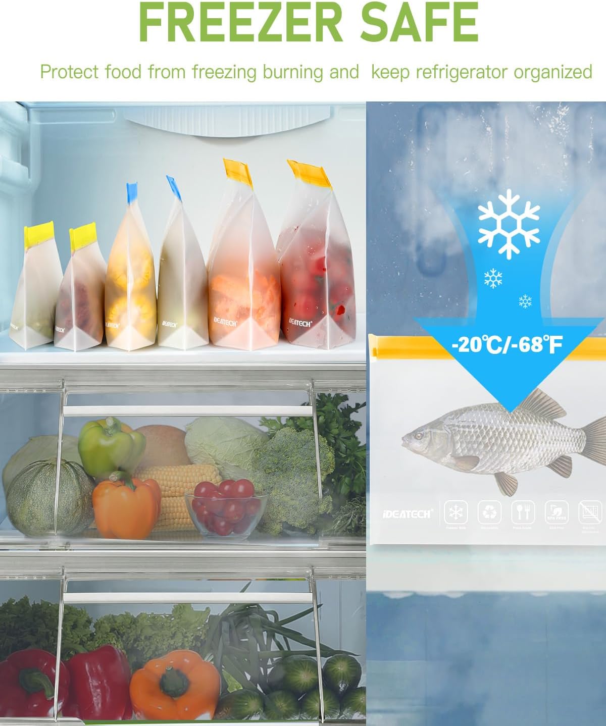 IDEATECH 12Pack Reusable Food Storage Bags Dishwasher Safe,Leakproof Gallon Freezer Bags, BPA Free Quart Sandwich Size Silicone Reusable Baggies for Marinate Meats,Travel(7Gallon 5Quart, Colored)