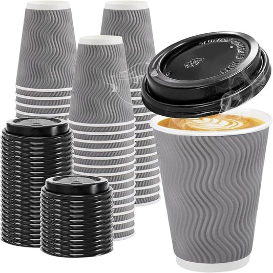 100 Pack 12 oz Disposable Coffee Cups with Lids, Insulated Ripple Wall To-Go Paper Coffee Cups Suitable for Chocolate Cocoa and Hot/Cold Drinks (Grey)