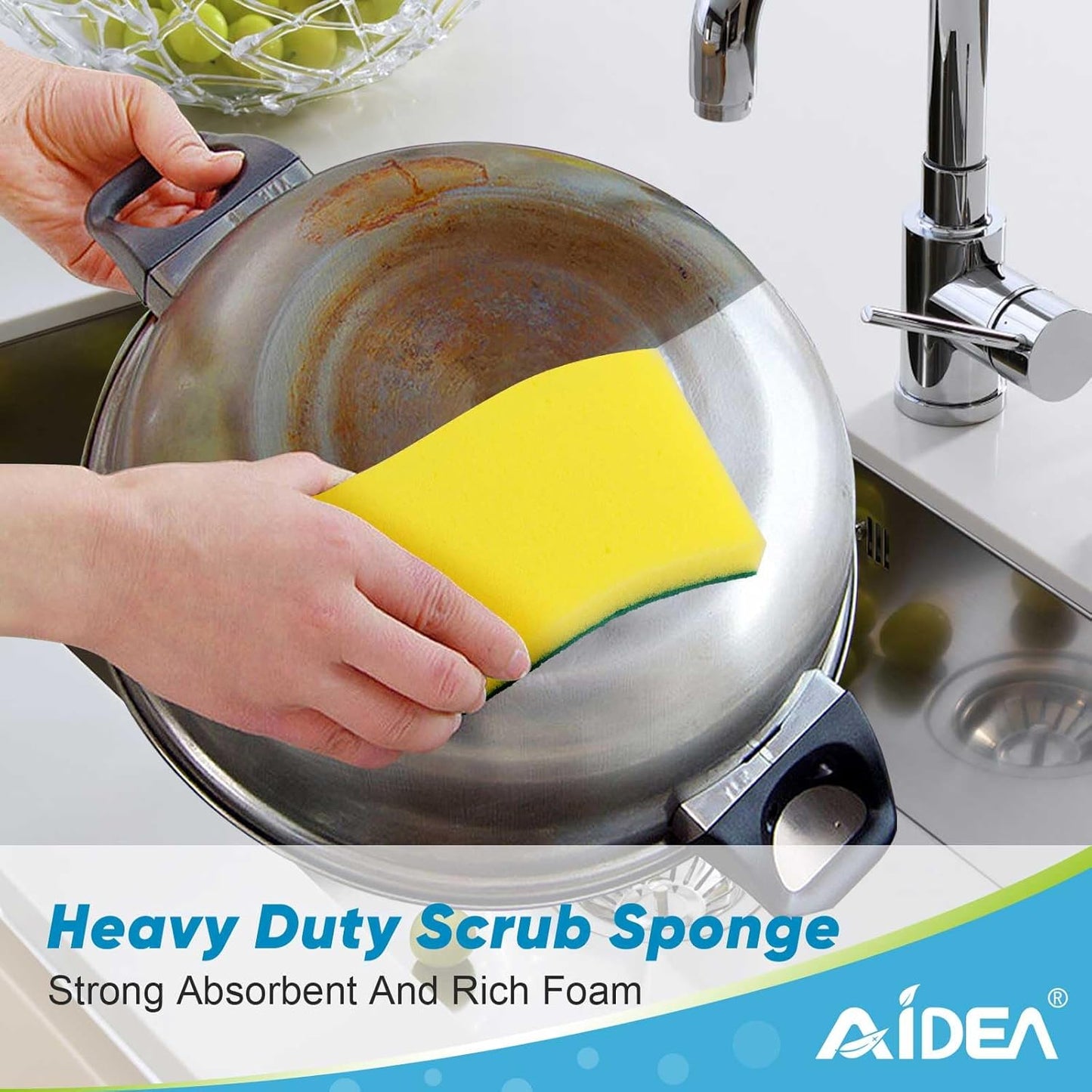 AIDEA Sponges Kitchen, XL Heavy Duty Dish Sponge, Cleaning Dish Scrubber Sponge for Home and Kitchen, Extra Large Cleaning Supplies for Pots, Pans, 12 Pack