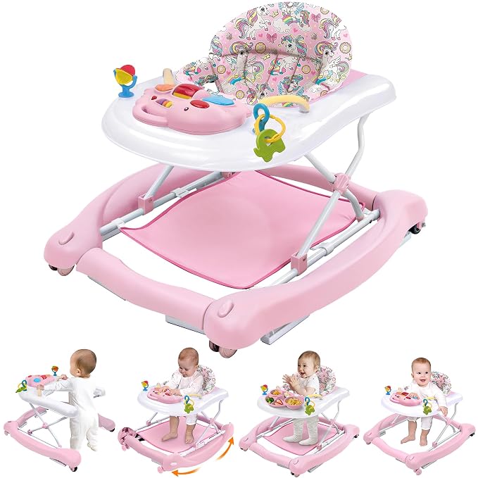 Foldable Baby 5-in-1 Activity Walker - Rocker, Activity Center, Bouncer, Seat Walker, Push Walker - Adjustable Speed Rear Wheels and Height Toys Ages 6-18 Months(Pink)