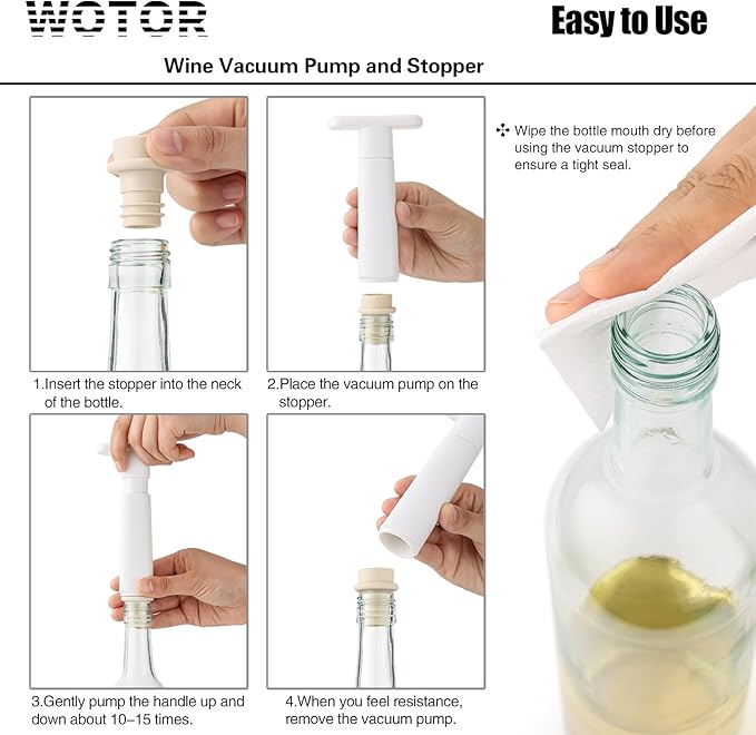 WOTOR Wine Saver Vacuum Pump with 4 Stoppers, Wine Stopper & Preserver, Reusable Bottle Sealer Keeps Fresh, Ideal Accessories Gift, Flat Handle (White)