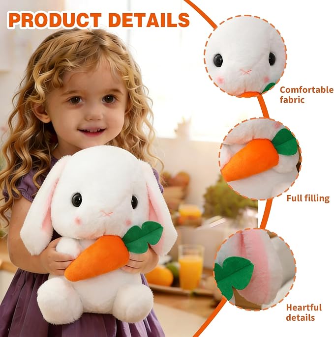 HOUPU Soft Toy - Sitting Lop Eared Rabbit, Easter White Rabbit Stuffed Bunny Animal with Carrot Soft Lovely Realistic Long-Eared Standing Pink Plush Toys (White-Carrot,16.9in/43cm)