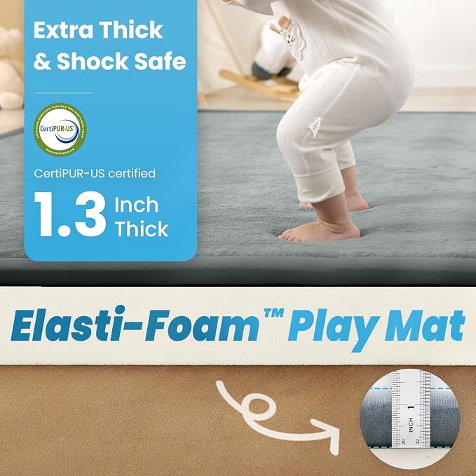 1.3" Thick Baby Play Mat for Floor Playpen, 71x79 Large Foam Tummy Time Mat, Padded Support Soft Plush Nursery Rug for Infant Kids Toddler Crawling Kick Activity (Light Grey)