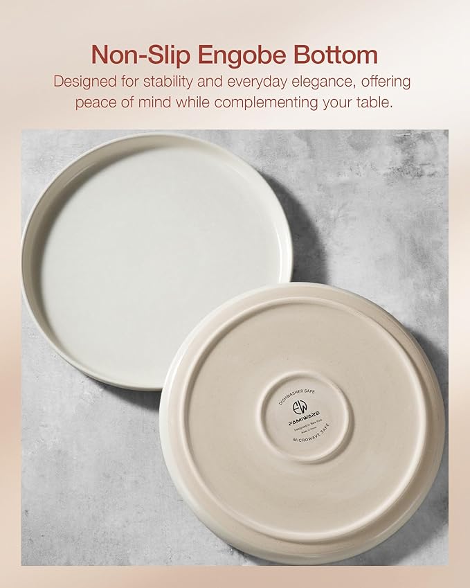 Famiware Milkyway Stoneware Dinnerware Sets with Pasta Bowls, Service for 4 (16 Pieces), Reactive Glaze Plates and Bowls Sets, Microwave and Dishwasher Safe Dishes Set, Matte Beige White