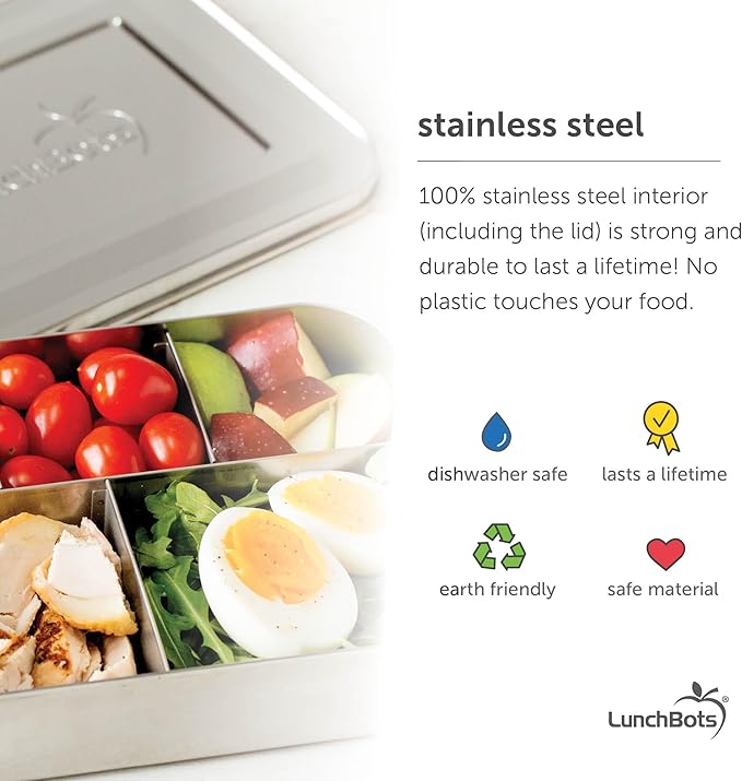 LunchBots Large Trio Stainless Steel Lunch Container -Three Section Design for Sandwich and Two Sides - Metal Bento Lunch Box - Eco-Friendly - Stainless Lid - Green Dots