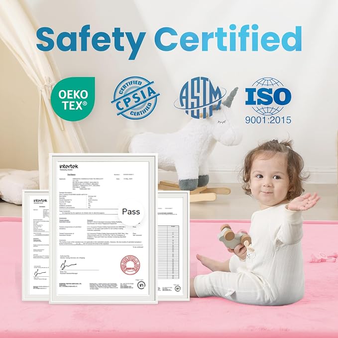 1.3" Thick Baby Play Mat for Floor, 39x59 Foam Tummy Time Mat, Padded Support Soft Plush Nursery Rug for Infant Kids Toddler Crawling Kick Activity (Pink)