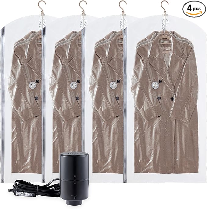 TAILI Hanging Vacuum Storage Bags with Electric Pump, Vacuum Seal Bags for Clothing Travel, Space Saver Closet Organizer for Clothes, Coats, Suits and Jackets, 4 Long(53x28 in)