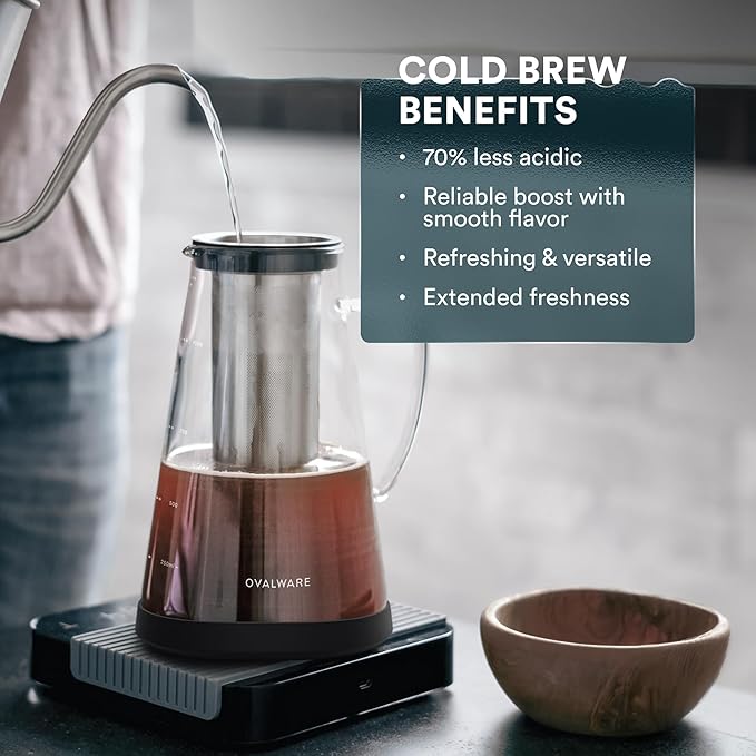 OVALWARE Airtight Cold Brew Iced Coffee Maker Pitcher and Tea Infuser with Spout - 1.0L / 34oz Ovalware RJ3 Brewing Glass Carafe with Removable Stainless Steel Filter