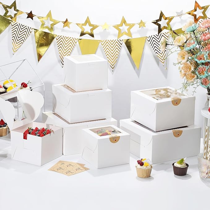 Small Cake Boxes 8 Inch with Window, 10 Set Bakery Boxes with Cake Boards & Stickers, Cupcake Box for Birthday, Party, Wedding, Mother's Day, Valentine's Day, Christmas（8x8x5 inch）