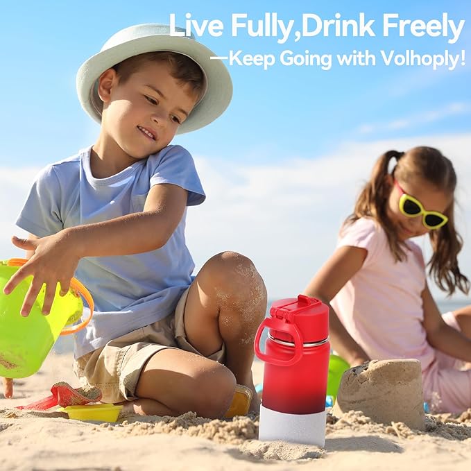 Volhoply 14oz KIds Stainless Steel Insulated Leakproof Water Bottle with Straw Lid and Silicone Boot,BPA-Free Easy Use for Boys&Girls,Double Wall Vacuum Bottles(Red Purple,1)