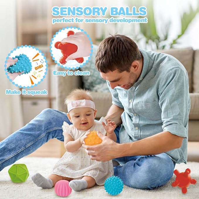 SpringFlower 0-3-6-12 Months Baby Toys, 5 in 1 Montessori Toys for Babies, Teething Toy & Stacking Building Block & Ring & Silicone Pull String, Sensory Development Baby Infant Toy, Gift for Babies