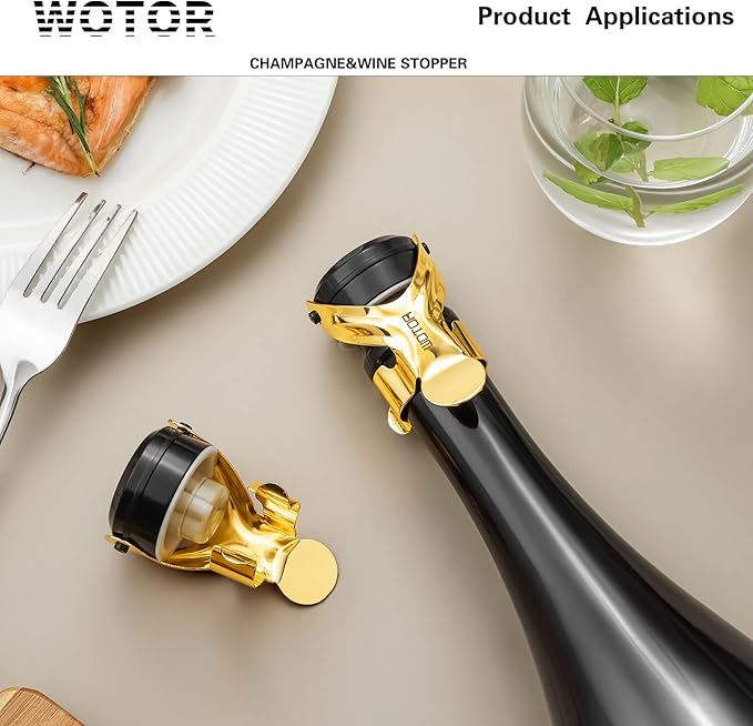 WOTOR Champagne&Wine Bottle Stoppers Stainless Steel with Food Grade Silicone, Leak Proof Keep Fresh Reusable Saver, Cork Suitable for Wine, Champagne, Cava, Prosecco and Sparkling (2 Pack Gold
