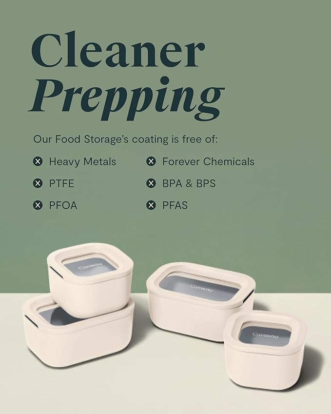 Caraway Mini Food Storage 9pc Set - Glass Storage Containers for Food - Non-Toxic Ceramic-Coated Glass - Air Release Technology - Compact & Stackable Design - Mist
