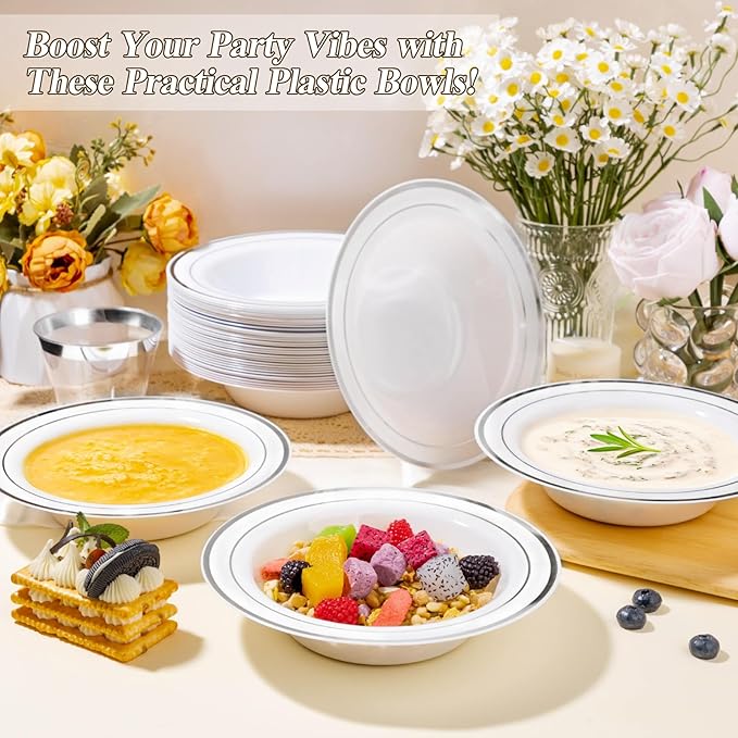 50 Pack Disposable Soup Bowls with Silver Rim, 12oz Premium Heavy Duty Plastic Dinner Bowls for Party, Wedding and Holiday