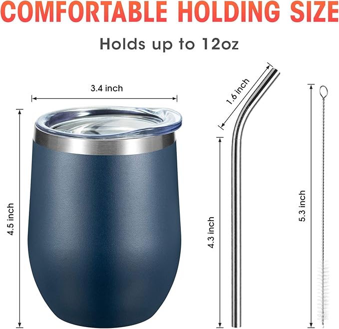 COMOOO 16 Pack Stainless Steel Wine Tumbler with Lid and Straw 12oz Double Wall Vacuum Insulated Wine Tumbler Cup Stemless for hot and Cold Drinks, Coffee, Wine, Cocktails, Navy