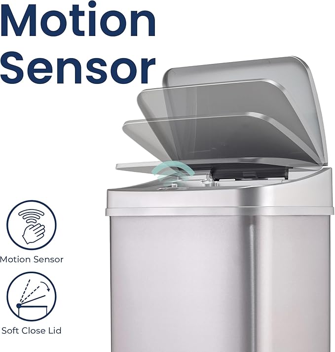 Ninestars 13 Gallon Automatic Trash Can, 50L Touchless Motion Sensor Garbage Can with Odor-Sealing Lid, Rectangular Stainless Steel, Silver Trim