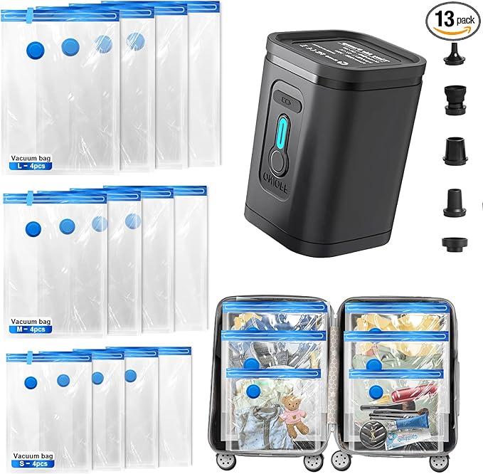Travel Vacuum Storage Bags Combo Portable Wireless Electric Pump,12 Pack Compression Bags for Travel,Space Saver Vacuum Storage Bags for Clothing and Luggage