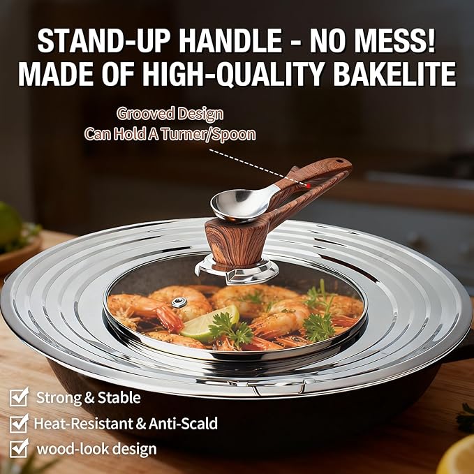 Najor Universal Lid for Pots, Pans and Skillets, Pot Lid With Wooden Standable Handle And Tempered Glass, Fits 8.25", 9", 10", 11", 12" Diameter Pots and Pans