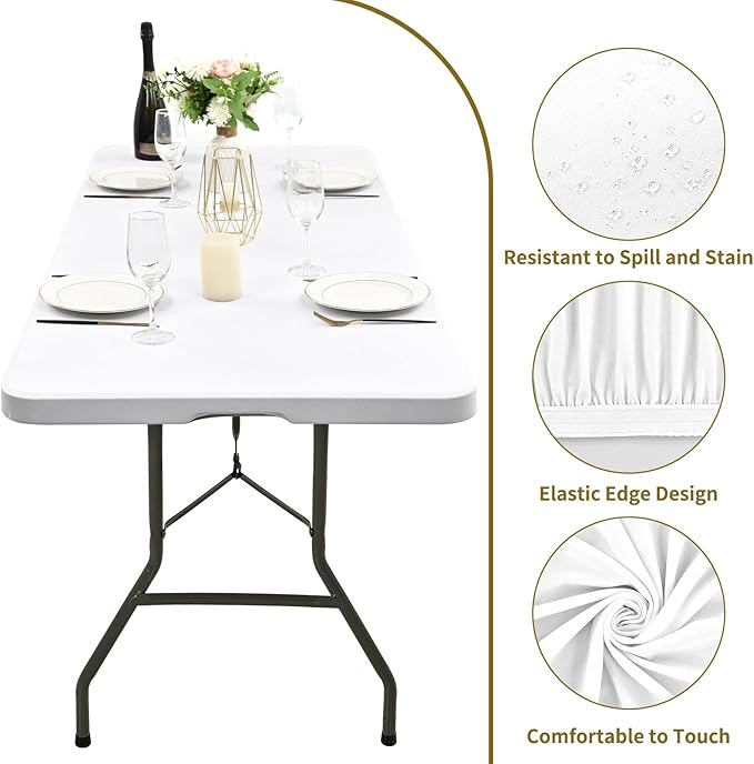 6 Pack Stretch Fabric Table Top Cap Cover, fits 6' Tables, Spandex Table Covers Washable Elastic Universal Rectangle Tablecloth Protector for Indoor Outdoor Party Picnic Wedding, White, 30" W x 72" L