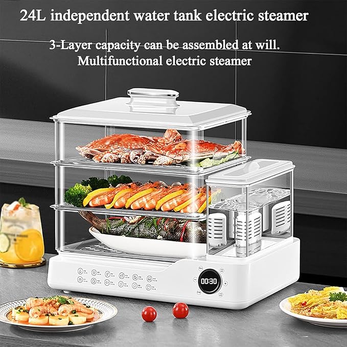 800W Food Steamer, 3 Tier Electric Steamer, with 24L Capacity, Touch Screen Display, 12H Appointment, Independent Water Tank, for All Homes