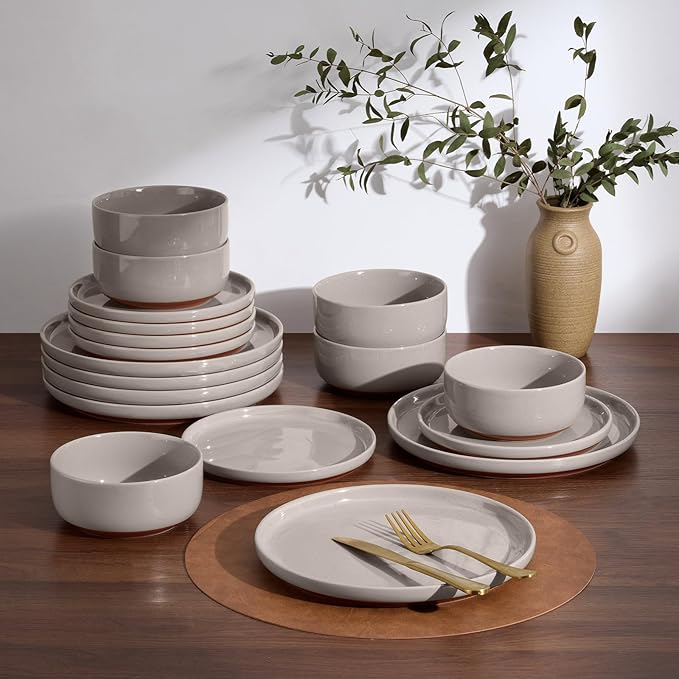 E-far 24-Piece Ceramic Dinnerware Sets, Plates and Bowls Sets for 8, Stoneware Dishware Dishes Set with Terracotta Base, Chip & Scratch Resistant, Microwave & Dishwasher Safe, Speckled Khaki