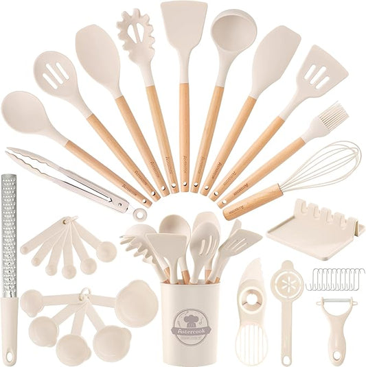 Astercook Kitchen Utensils set, 39 PCS Silicone Cooking Utensils Set with Wooden Handle, 446°F Heat Resistant Food Grade Utensil Sets, BPA Free Kitchen Gadgets Tools Set for Nonstick Cookware (Cream)