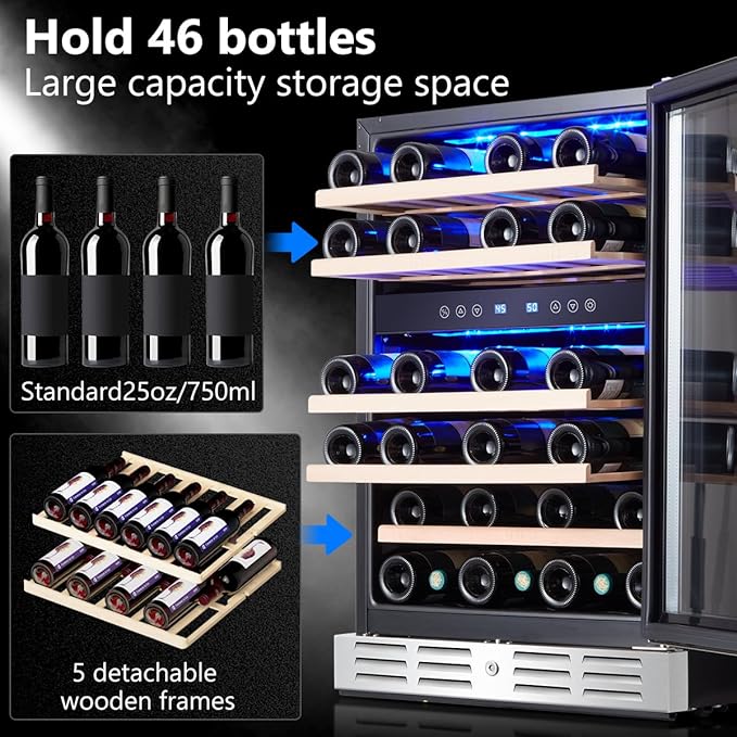 Kalamera 24 inch Wine Cooler, 37 Bottle - Dual Zone Built-in or Freestanding Fridge with Stainless Steel Reversible Glass Door, for Home, Kitchen or Office
