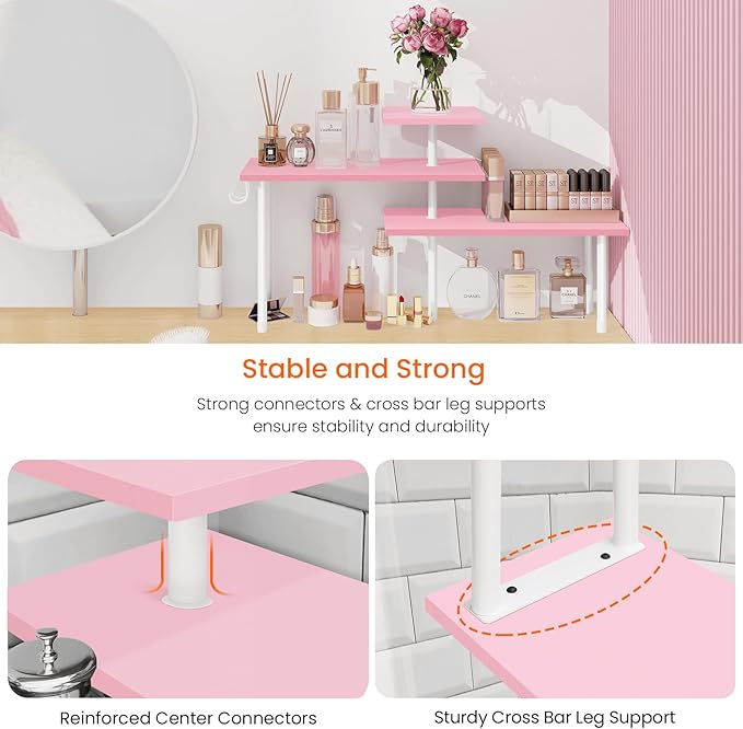 Homode 3-Tier Counter Organizer Shelf for Bathroom, Corner Shelf for Countertop, Over Sink, Make Up, Dresser Table, Desktop - Pink