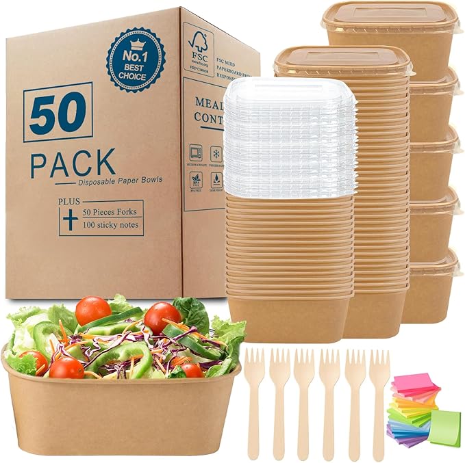 MINCOCO 50 Count Paper Bowls Disposable Meal Prep Containers with Lids【Includes 50 Wooden Forks + 100 Labels】 Salad Food Containers Freezer & Microwave Safe Leakproof Soup Bowls (29 Ounce, 50-Count)