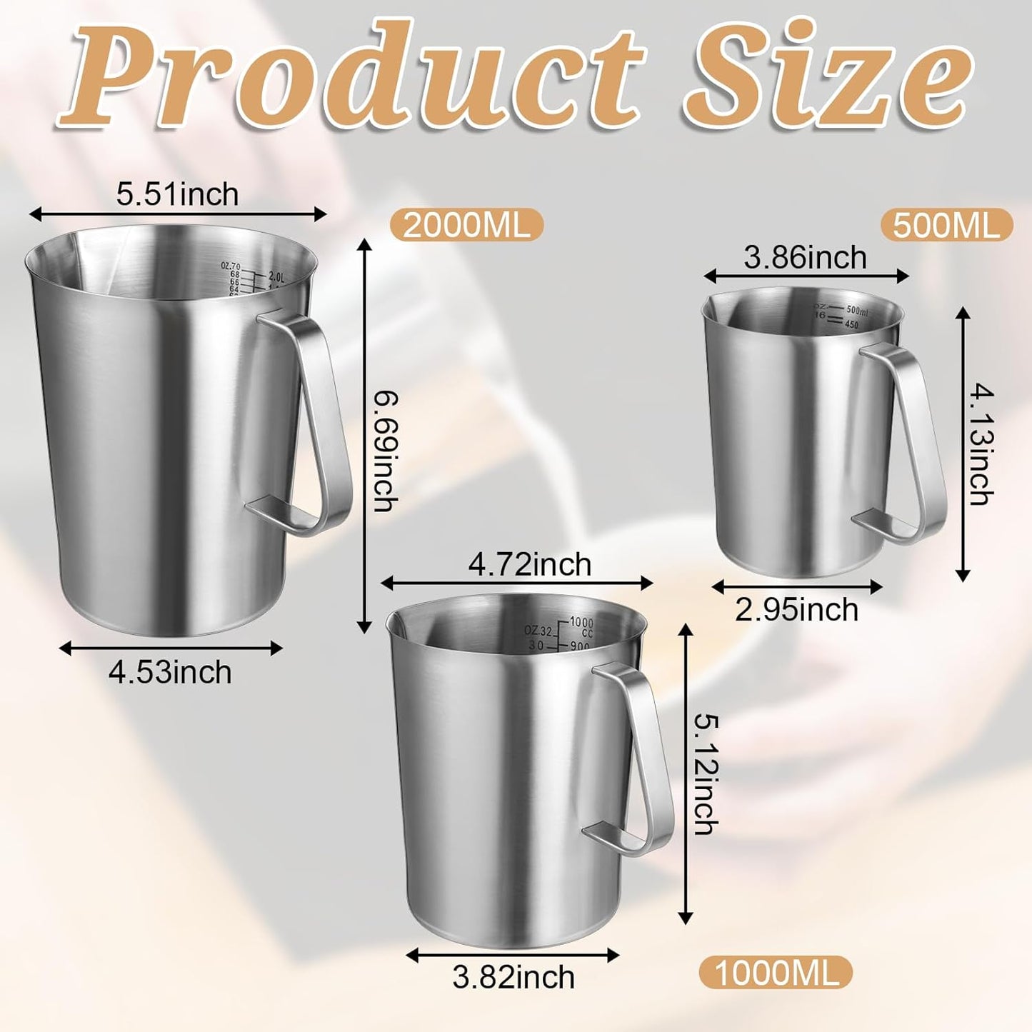 3 Pieces Stainless Steel Measuring Cups Metal Pitcher with Oz and ML marking Measuring Cup with Handle and Pour Lip, 16 Ounce (2 Cups), 32 Ounces (4 Cup), 64 Ounces (8 Cup)