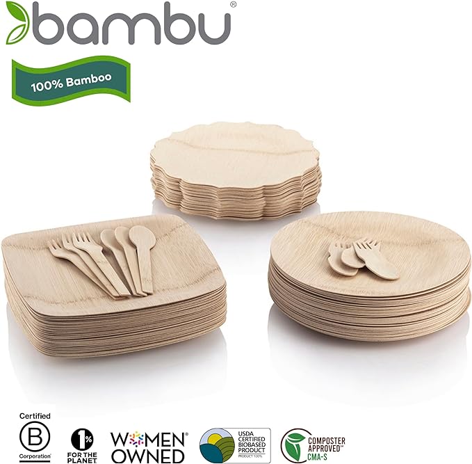 Bambu Pack of 8 - 11 Inch Disposable Bamboo Plates Fancy, Biodegradable Eco Friendly Products, Bamboo Disposable Plates for Events, Compostable Plates